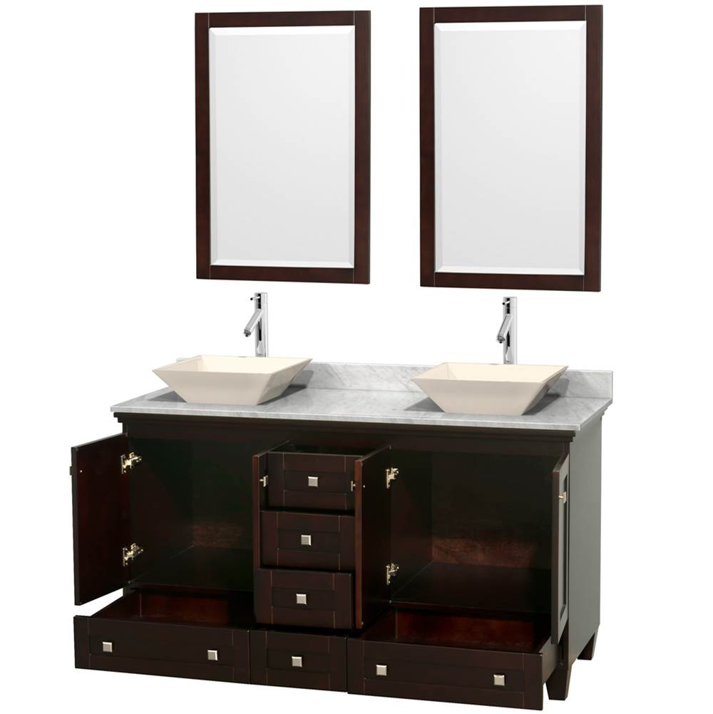 Acclaim 60 Inch Double Bathroom Vanity in Espresso, White Carrara Marble Countertop, Pyra Bone Sinks, and 24 Inch Mirrors
