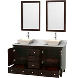 Acclaim 60 Inch Double Bathroom Vanity in Espresso, White Carrara Marble Countertop, Pyra Bone Sinks, and 24 Inch Mirrors