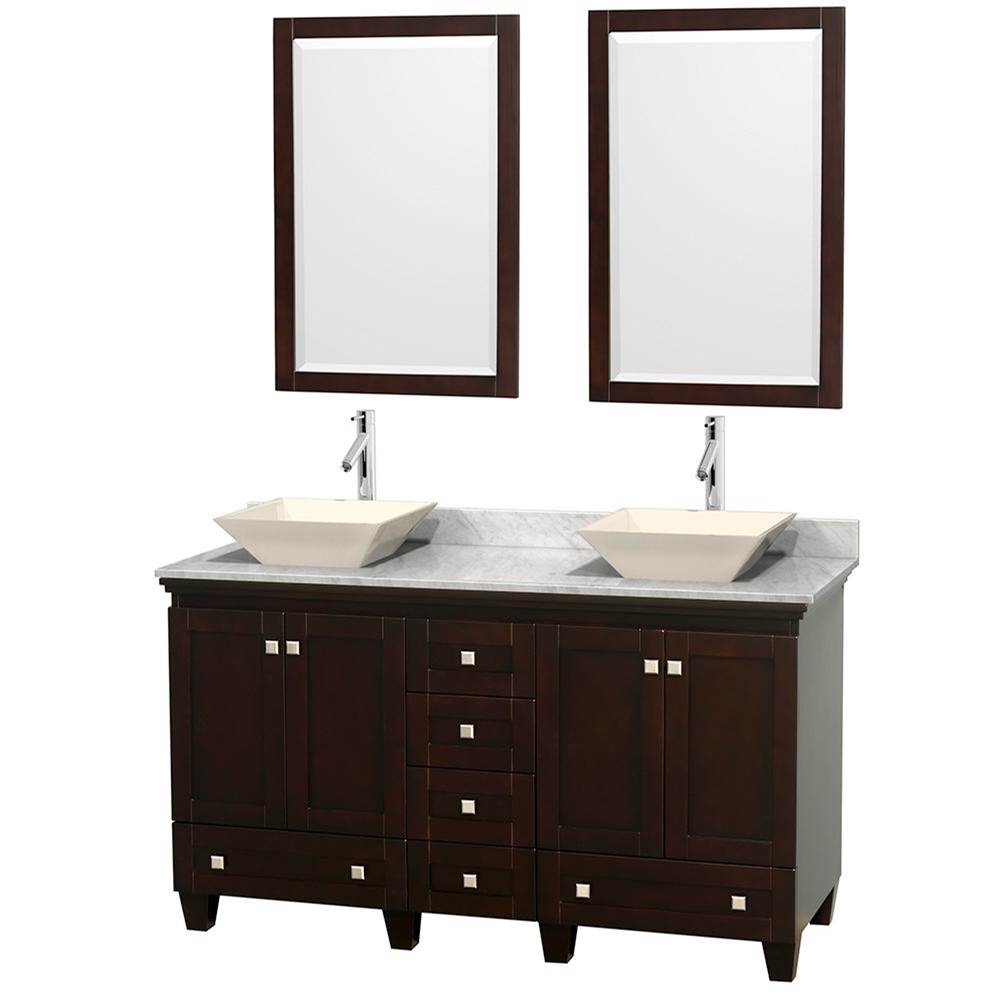Wyndham Collection - Acclaim 60 Inch Double Bathroom Vanity in Espresso, White Carrara Marble Countertop, Pyra Bone Sinks, and 24 Inch Mirrors - Espresso