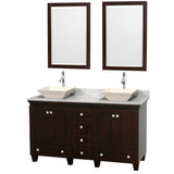 Wyndham Collection - Acclaim 60 Inch Double Bathroom Vanity in Espresso, White Carrara Marble Countertop, Pyra Bone Sinks, and 24 Inch Mirrors - Espresso