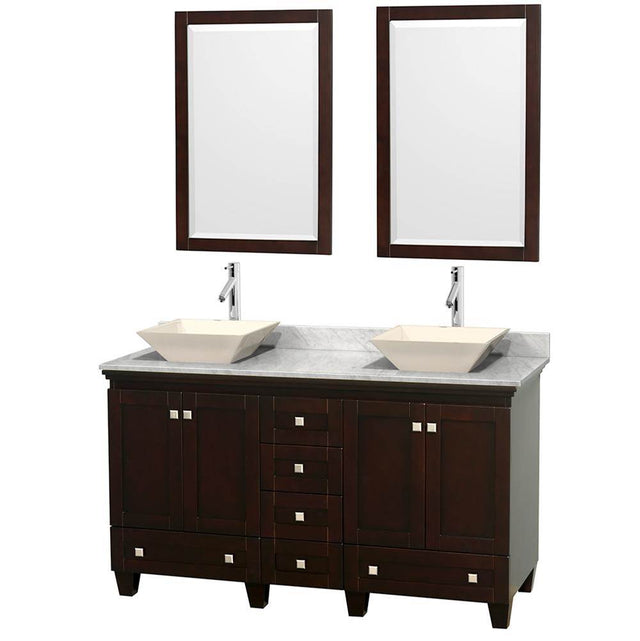 Wyndham Collection - Acclaim 60 Inch Double Bathroom Vanity in Espresso, White Carrara Marble Countertop, Pyra Bone Sinks, and 24 Inch Mirrors - Espresso