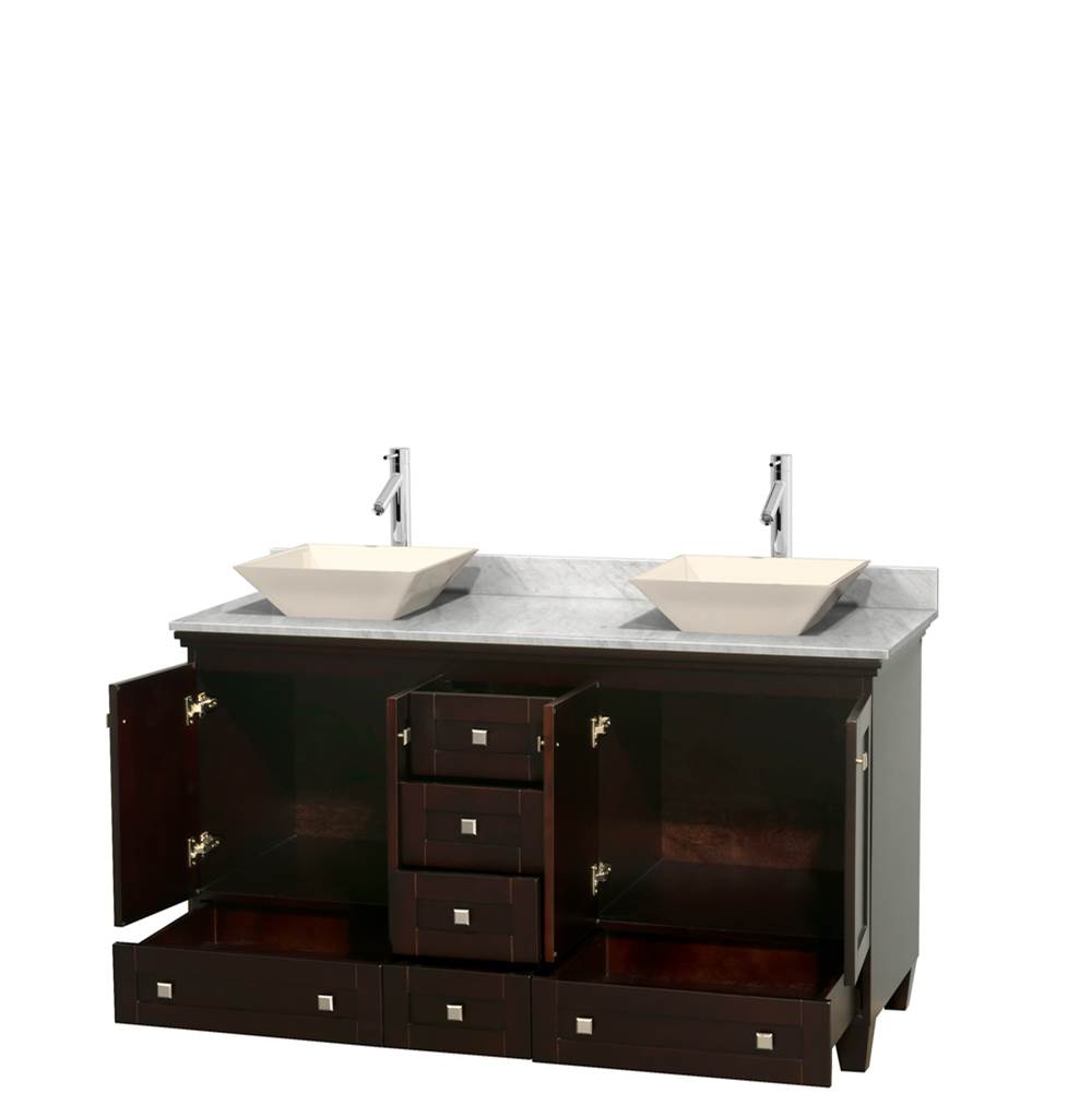 Acclaim 60 Inch Double Bathroom Vanity in Espresso, White Carrara Marble Countertop, Pyra Bone Sinks, and No Mirrors