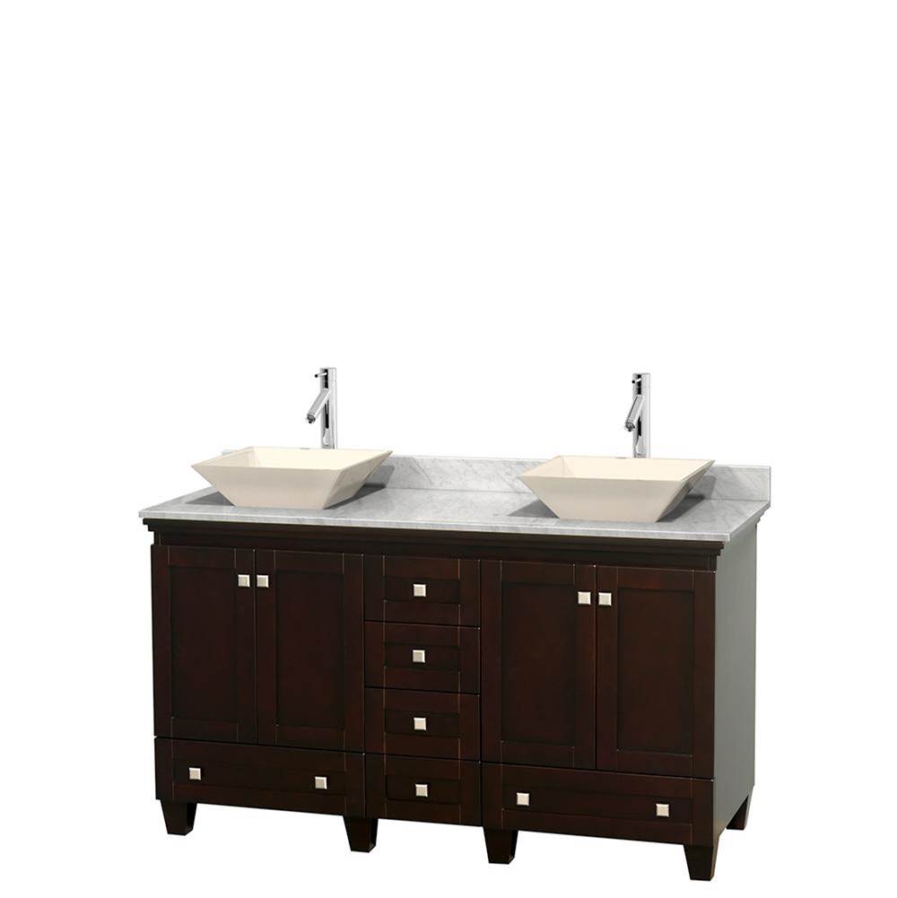 Wyndham Collection - Acclaim 60 Inch Double Bathroom Vanity in Espresso, White Carrara Marble Countertop, Pyra Bone Sinks, and No Mirrors - Espresso