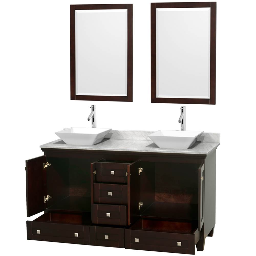 Acclaim 60 Inch Double Bathroom Vanity in Espresso, White Carrara Marble Countertop, Pyra White Sinks, and 24 Inch Mirrors
