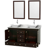 Acclaim 60 Inch Double Bathroom Vanity in Espresso, White Carrara Marble Countertop, Pyra White Sinks, and 24 Inch Mirrors