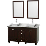 Wyndham Collection - Acclaim 60 Inch Double Bathroom Vanity in Espresso, White Carrara Marble Countertop, Pyra White Sinks, and 24 Inch Mirrors - Espresso