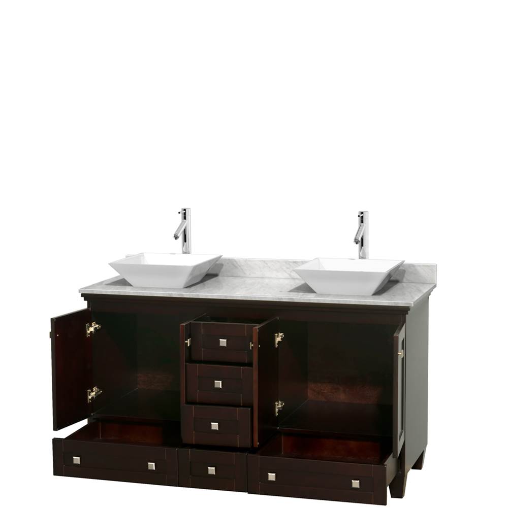 Acclaim 60 Inch Double Bathroom Vanity in Espresso, White Carrara Marble Countertop, Pyra White Sinks, and No Mirrors