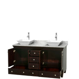 Acclaim 60 Inch Double Bathroom Vanity in Espresso, White Carrara Marble Countertop, Pyra White Sinks, and No Mirrors