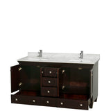Acclaim 60 Inch Double Bathroom Vanity in Espresso, White Carrara Marble Countertop, Undermount Square Sinks, and No Mirrors