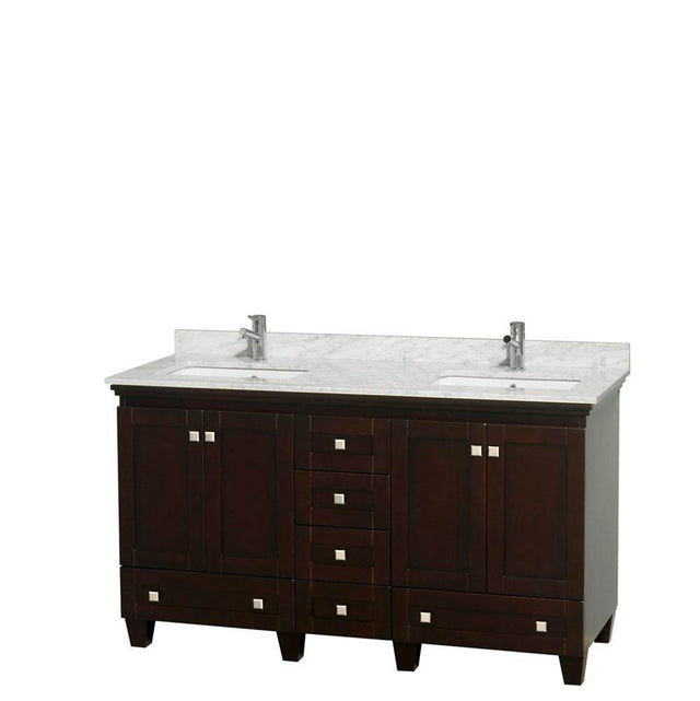 Wyndham Collection - Acclaim 60 Inch Double Bathroom Vanity in Espresso, White Carrara Marble Countertop, Undermount Square Sinks, and No Mirrors - Espresso