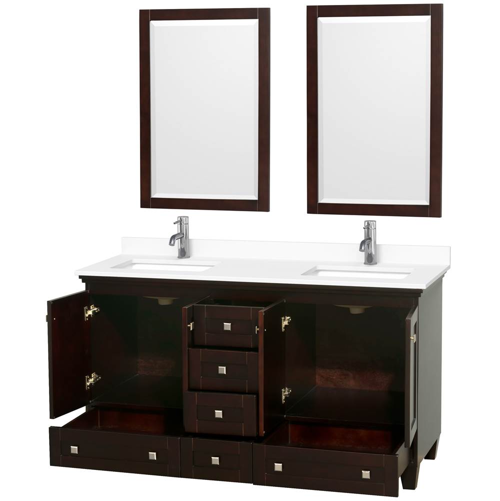 Acclaim 60 Inch Double Bathroom Vanity in Espresso, White Cultured Marble Countertop, Undermount Square Sinks, 24 Inch Mirrors