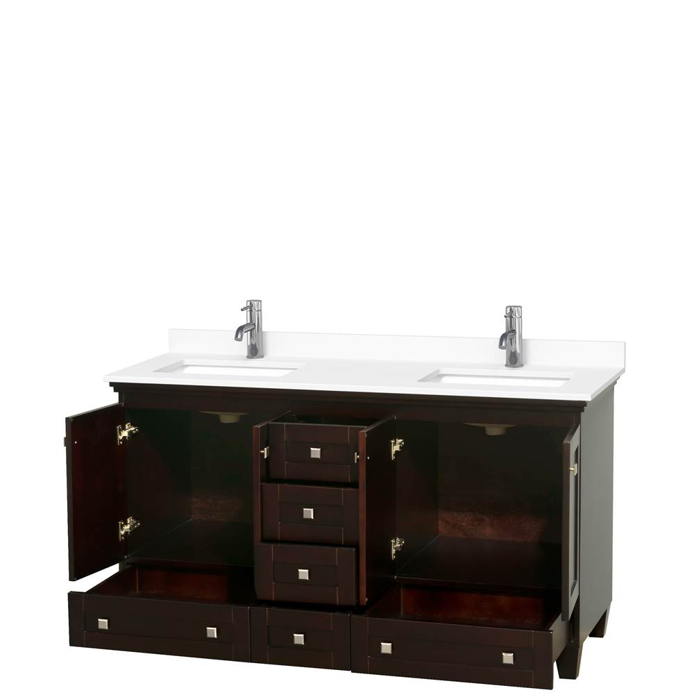 Acclaim 60 Inch Double Bathroom Vanity in Espresso, White Cultured Marble Countertop, Undermount Square Sinks, No Mirrors