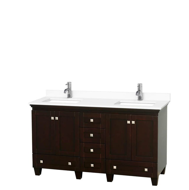 Wyndham Collection - Acclaim 60 Inch Double Bathroom Vanity in Espresso, White Cultured Marble Countertop, Undermount Square Sinks, No Mirrors