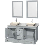 Acclaim 60 Inch Double Bathroom Vanity in Espresso, White Carrara Marble Countertop, Pyra Bone Sinks, and 24 Inch Mirrors