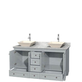 Acclaim 60 Inch Double Bathroom Vanity in Espresso, White Carrara Marble Countertop, Pyra Bone Sinks, and No Mirrors