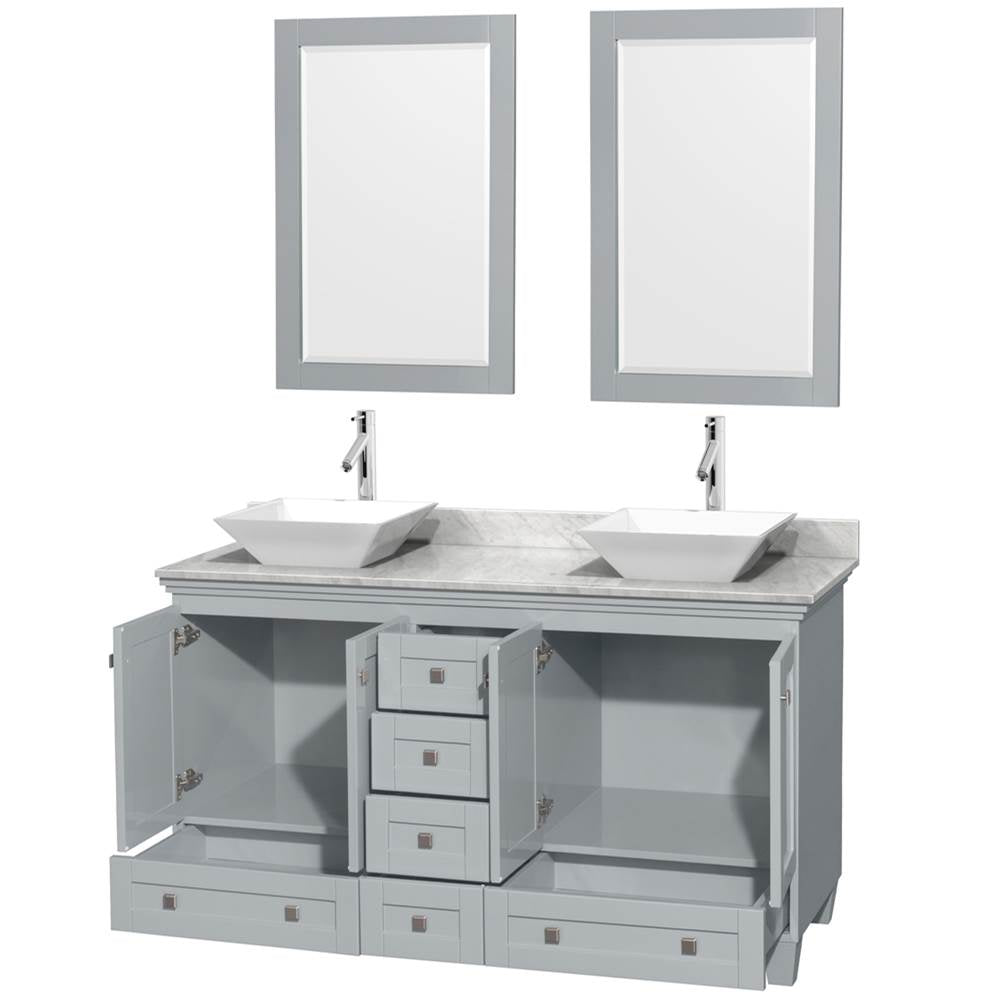 Acclaim 60 Inch Double Bathroom Vanity in Espresso, White Carrara Marble Countertop, Pyra White Sinks, and 24 Inch Mirrors