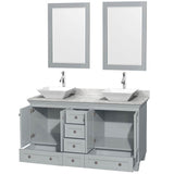 Acclaim 60 Inch Double Bathroom Vanity in Espresso, White Carrara Marble Countertop, Pyra White Sinks, and 24 Inch Mirrors