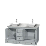 Acclaim 60 Inch Double Bathroom Vanity in Espresso, White Carrara Marble Countertop, Pyra White Sinks, and No Mirrors