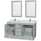 Acclaim 60 Inch Double Bathroom Vanity in Espresso, White Carrara Marble Countertop, Undermount Square Sinks, and 24 Inch Mirrors