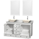 Acclaim 60 Inch Double Bathroom Vanity in Espresso, White Carrara Marble Countertop, Pyra Bone Sinks, and 24 Inch Mirrors