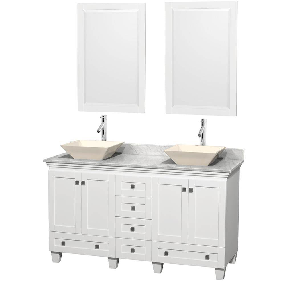 Wyndham Collection - Acclaim 60 Inch Double Bathroom Vanity in White, White Carrara Marble Countertop, Pyra Bone Sinks, and 24 Inch Mirrors - White
