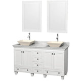 Wyndham Collection - Acclaim 60 Inch Double Bathroom Vanity in White, White Carrara Marble Countertop, Pyra Bone Sinks, and 24 Inch Mirrors - White