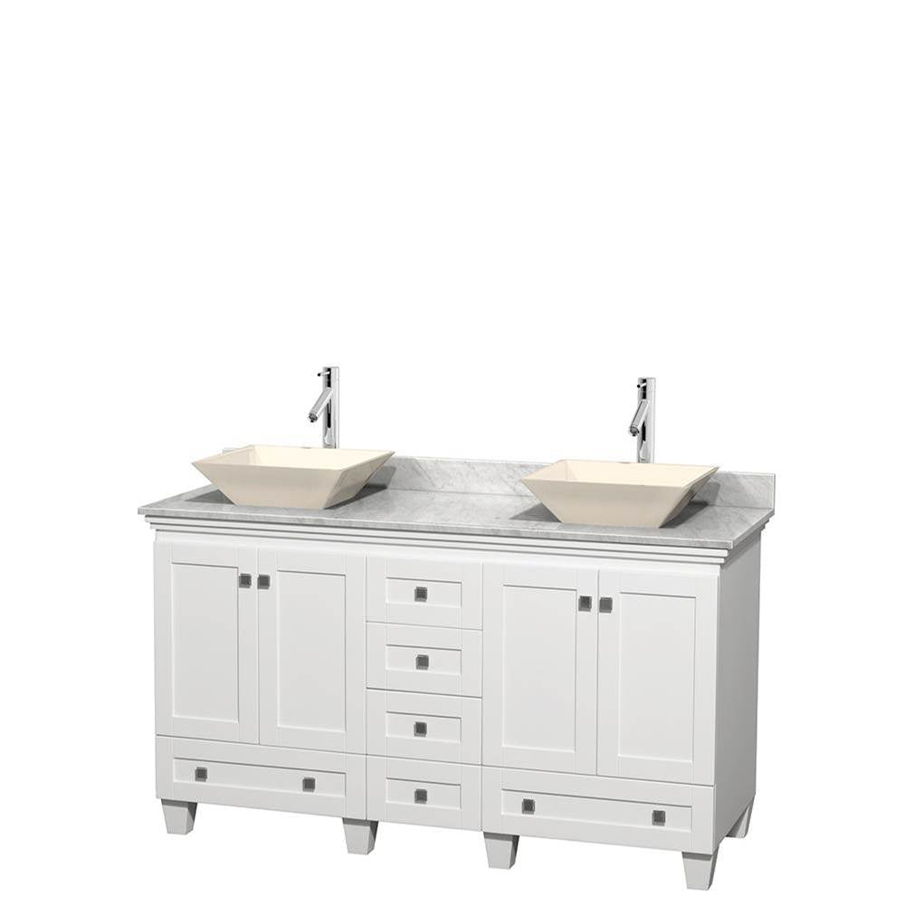 Wyndham Collection - Acclaim 60 Inch Double Bathroom Vanity in White, White Carrara Marble Countertop, Pyra Bone Sinks, and No Mirrors - White