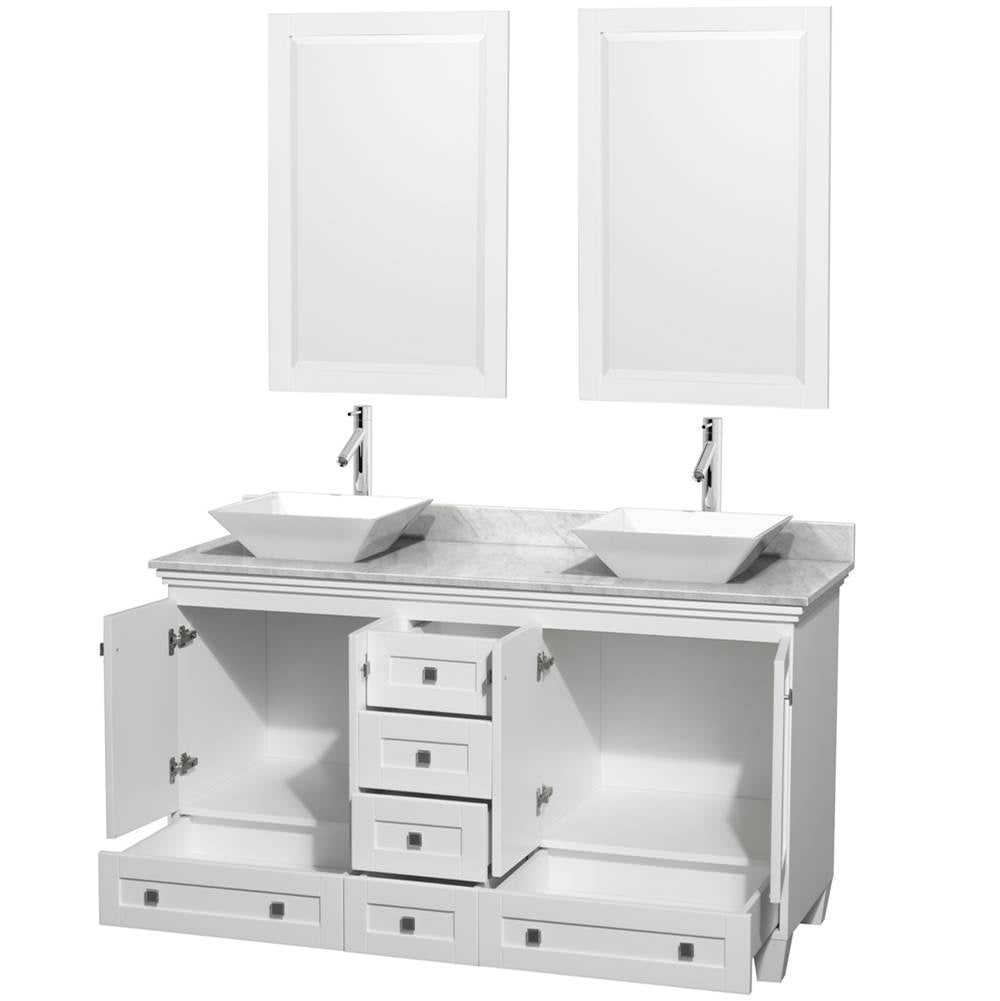 Acclaim 60 Inch Double Bathroom Vanity in Espresso, White Carrara Marble Countertop, Pyra White Sinks, and 24 Inch Mirrors