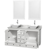 Acclaim 60 Inch Double Bathroom Vanity in Espresso, White Carrara Marble Countertop, Pyra White Sinks, and 24 Inch Mirrors