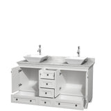Acclaim 60 Inch Double Bathroom Vanity in Espresso, White Carrara Marble Countertop, Pyra White Sinks, and No Mirrors