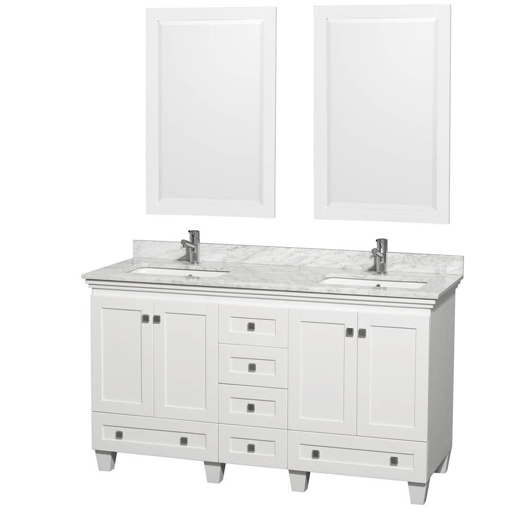 Wyndham Collection - Acclaim 60 Inch Double Bathroom Vanity in White, White Carrara Marble Countertop, Undermount Square Sinks, and 24 Inch Mirrors - White
