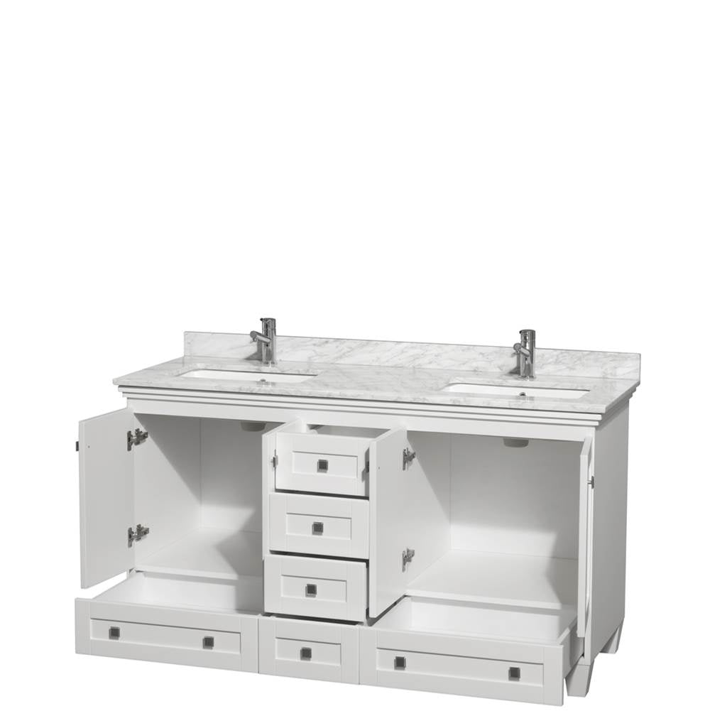 Acclaim 60 Inch Double Bathroom Vanity in Espresso, White Carrara Marble Countertop, Undermount Square Sinks, and No Mirrors