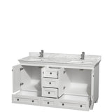 Acclaim 60 Inch Double Bathroom Vanity in Espresso, White Carrara Marble Countertop, Undermount Square Sinks, and No Mirrors