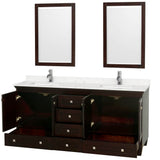 Acclaim 72 Inch Double Bathroom Vanity in Espresso, Light-Vein Carrara Cultured Marble Countertop, Undermount Square Sinks, 24 Inch Mirrors