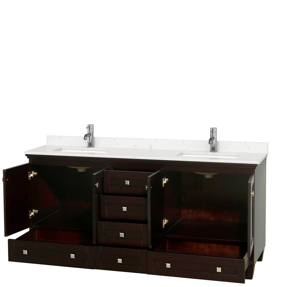 Acclaim 72 Inch Double Bathroom Vanity in Espresso, Light-Vein Carrara Cultured Marble Countertop, Undermount Square Sinks, No Mirrors