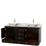 Acclaim 72 Inch Double Bathroom Vanity in Espresso, White Carrara Marble Countertop, Pyra Bone Sinks, and No Mirrors