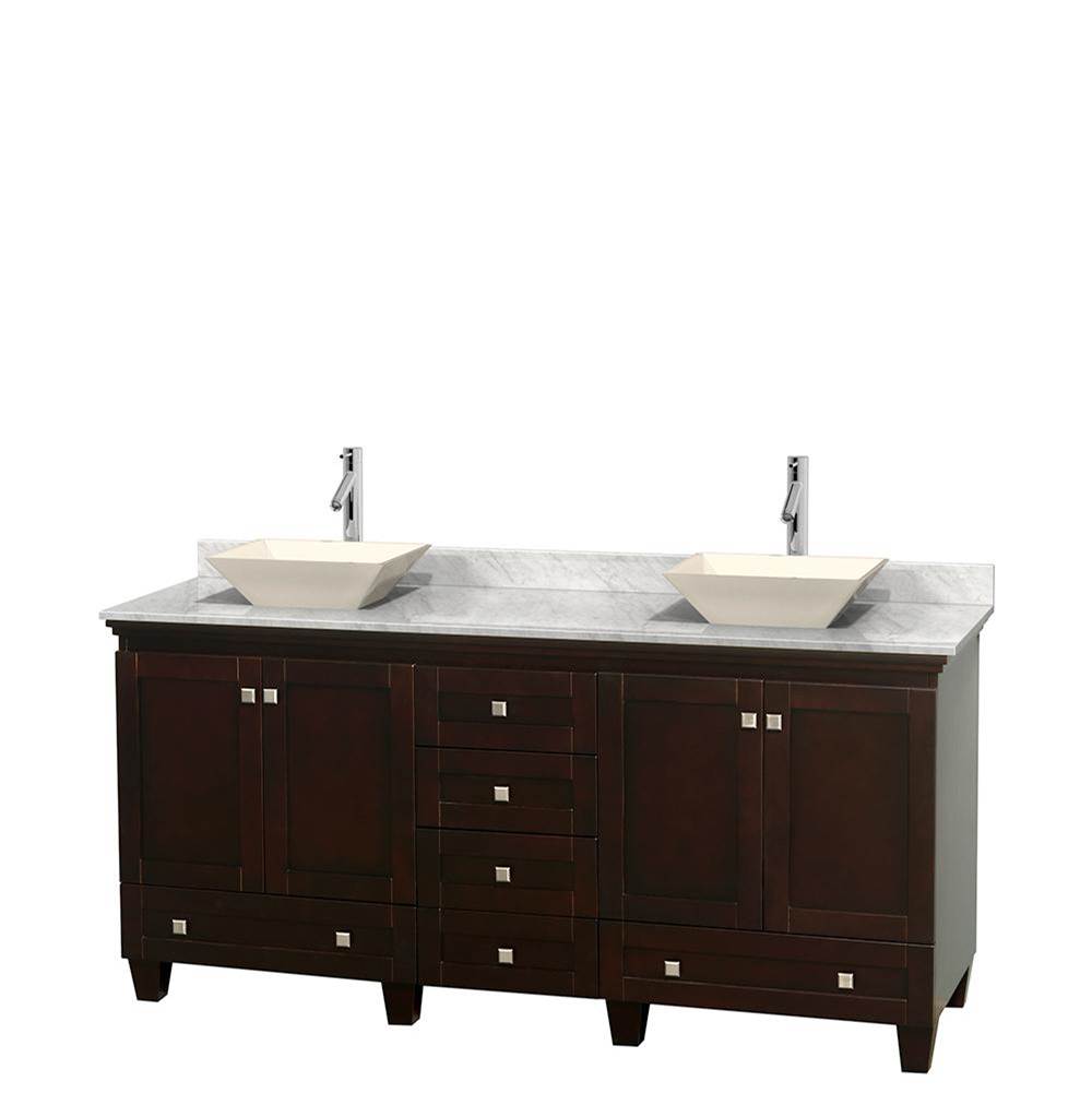 Wyndham Collection - Acclaim 72 Inch Double Bathroom Vanity in Espresso, White Carrara Marble Countertop, Pyra Bone Sinks, and No Mirrors - Espresso
