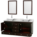 Acclaim 72 Inch Double Bathroom Vanity in Espresso, White Carrara Marble Countertop, Pyra White Sinks, and 24 Inch Mirrors