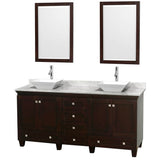 Wyndham Collection - Acclaim 72 Inch Double Bathroom Vanity in Espresso, White Carrara Marble Countertop, Pyra White Sinks, and 24 Inch Mirrors - Espresso