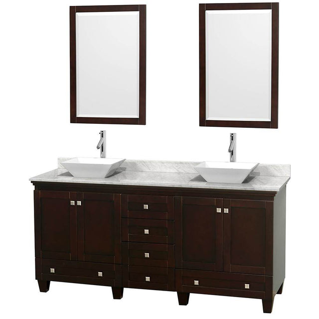 Wyndham Collection - Acclaim 72 Inch Double Bathroom Vanity in Espresso, White Carrara Marble Countertop, Pyra White Sinks, and 24 Inch Mirrors - Espresso