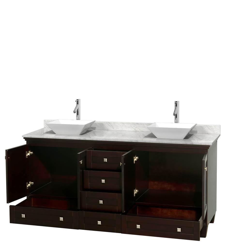 Acclaim 72 Inch Double Bathroom Vanity in Espresso, White Carrara Marble Countertop, Pyra White Sinks, and No Mirrors