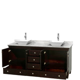 Acclaim 72 Inch Double Bathroom Vanity in Espresso, White Carrara Marble Countertop, Pyra White Sinks, and No Mirrors
