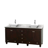 Wyndham Collection - Acclaim 72 Inch Double Bathroom Vanity in Espresso, White Carrara Marble Countertop, Pyra White Sinks, and No Mirrors - Espresso