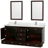 Acclaim 72 Inch Double Bathroom Vanity in Espresso, White Carrara Marble Countertop, Undermount Square Sinks, and 24 Inch Mirrors