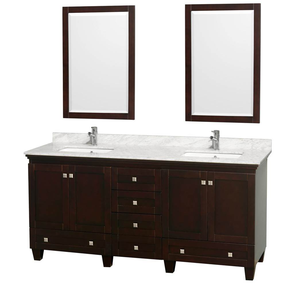 Wyndham Collection - Acclaim 72 Inch Double Bathroom Vanity in Espresso, White Carrara Marble Countertop, Undermount Square Sinks, and 24 Inch Mirrors - Espresso