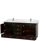 Acclaim 72 Inch Double Bathroom Vanity in Espresso, White Carrara Marble Countertop, Undermount Square Sinks, and No Mirrors