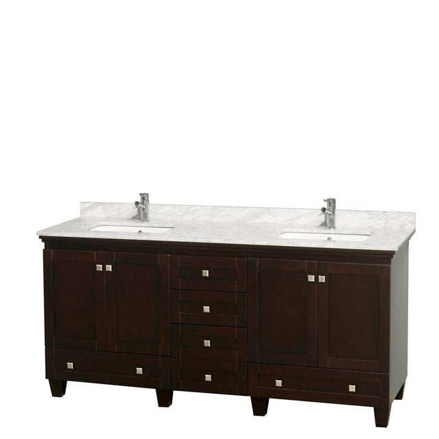 Wyndham Collection - Acclaim 72 Inch Double Bathroom Vanity in Espresso, White Carrara Marble Countertop, Undermount Square Sinks, and No Mirrors - Espresso