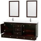 Acclaim 72 Inch Double Bathroom Vanity in Espresso, White Cultured Marble Countertop, Undermount Square Sinks, 24 Inch Mirrors