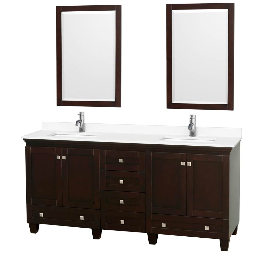 Wyndham Collection - Acclaim 72 Inch Double Bathroom Vanity in Espresso, White Cultured Marble Countertop, Undermount Square Sinks, 24 Inch Mirrors