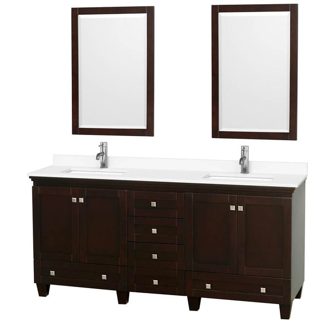 Wyndham Collection - Acclaim 72 Inch Double Bathroom Vanity in Espresso, White Cultured Marble Countertop, Undermount Square Sinks, 24 Inch Mirrors